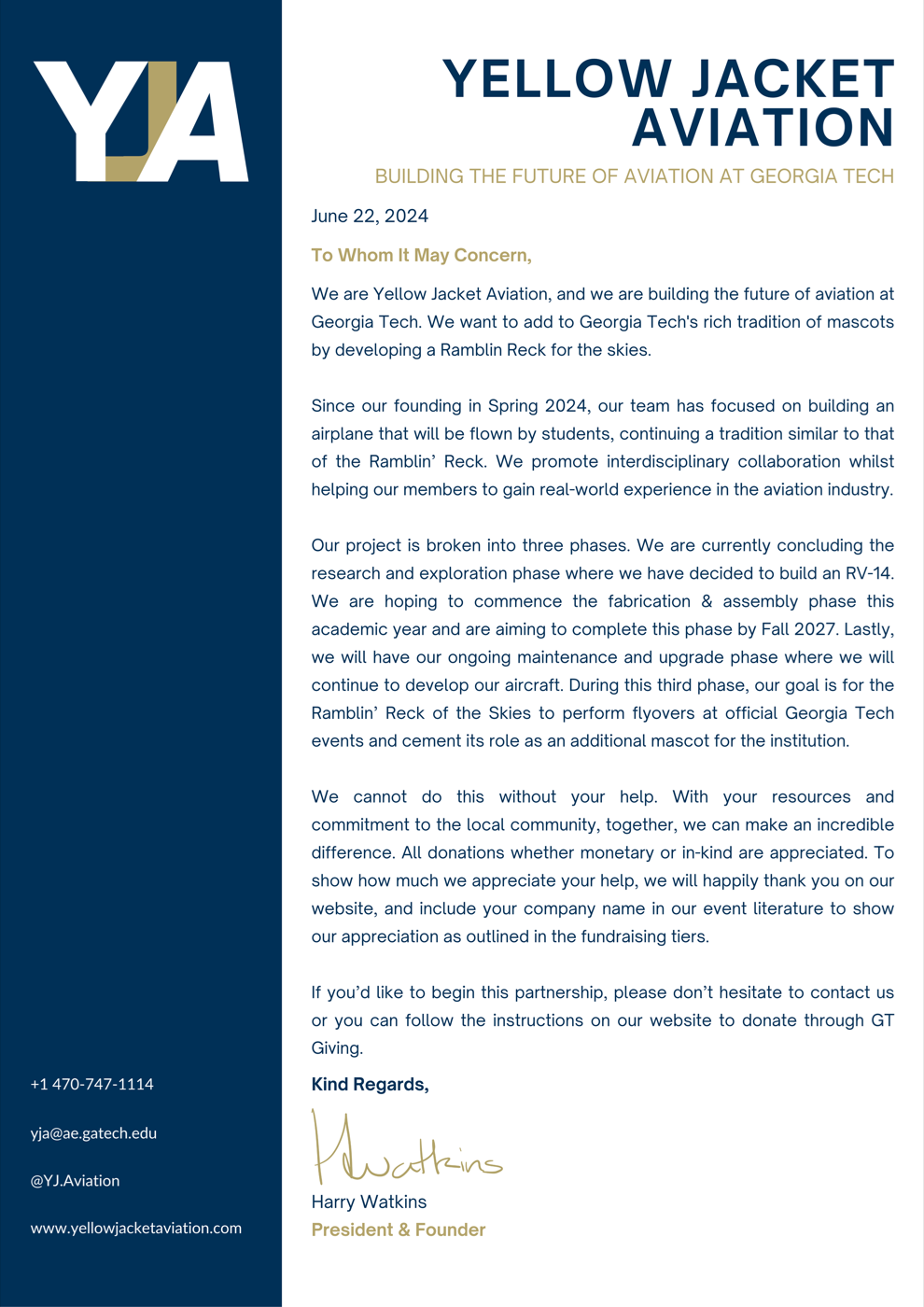 First page of the Yellow Jacket Aviation fundraising letter