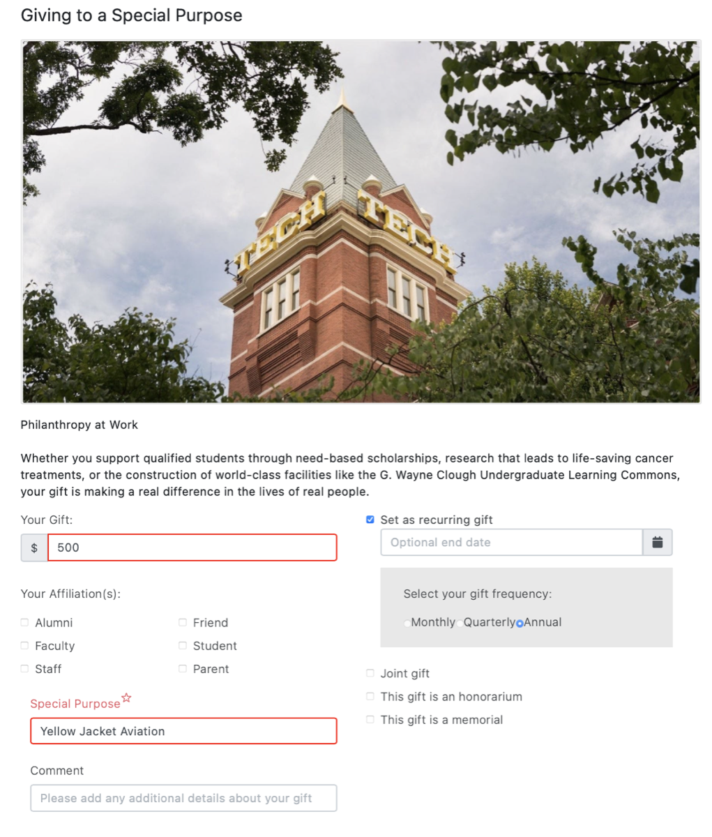 Screenshot of the GT Giving donation form with Yellow Jacket Aviation entered as the special purpose